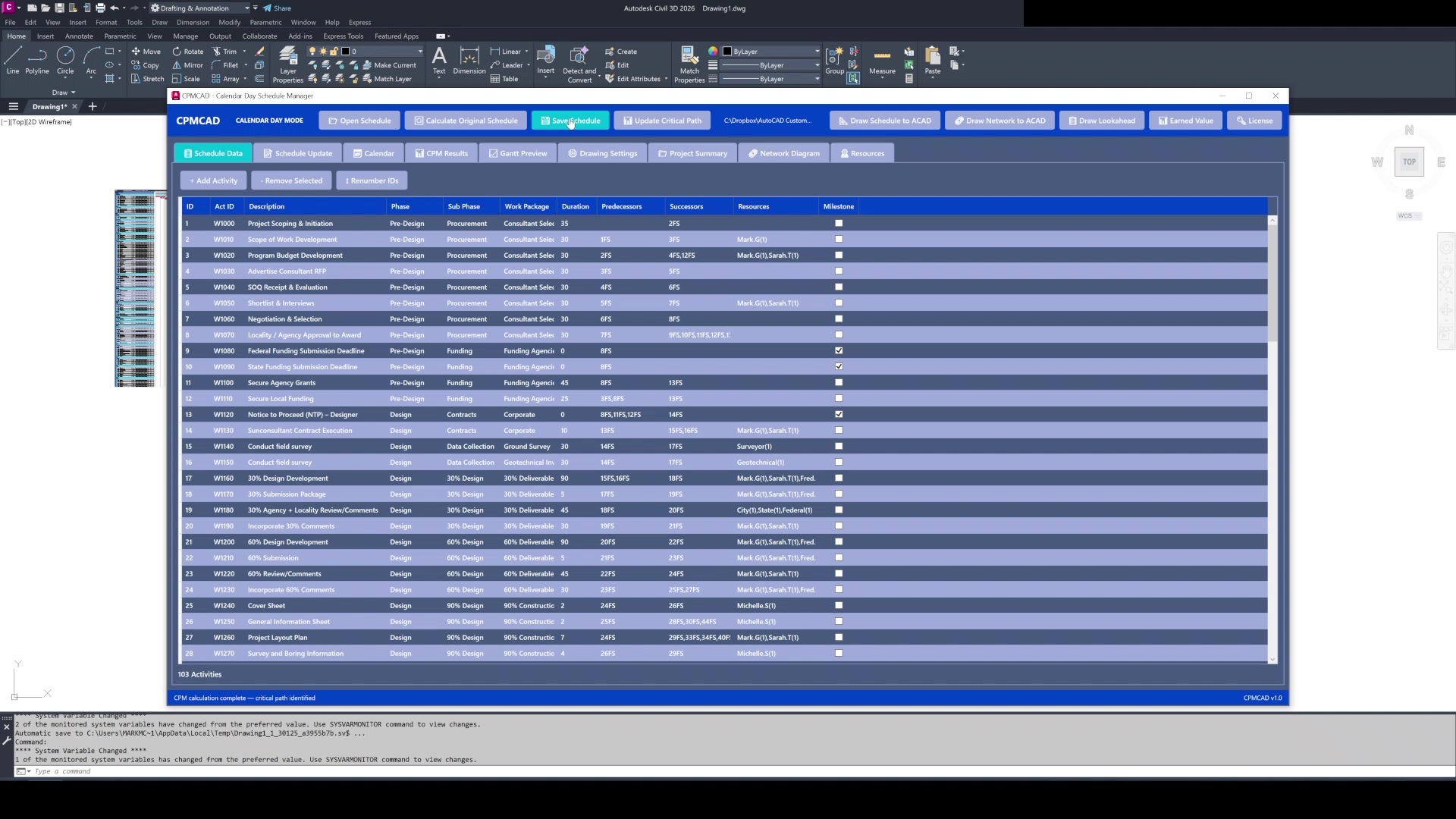 CPMCAD Excel template showing calculated schedule fields